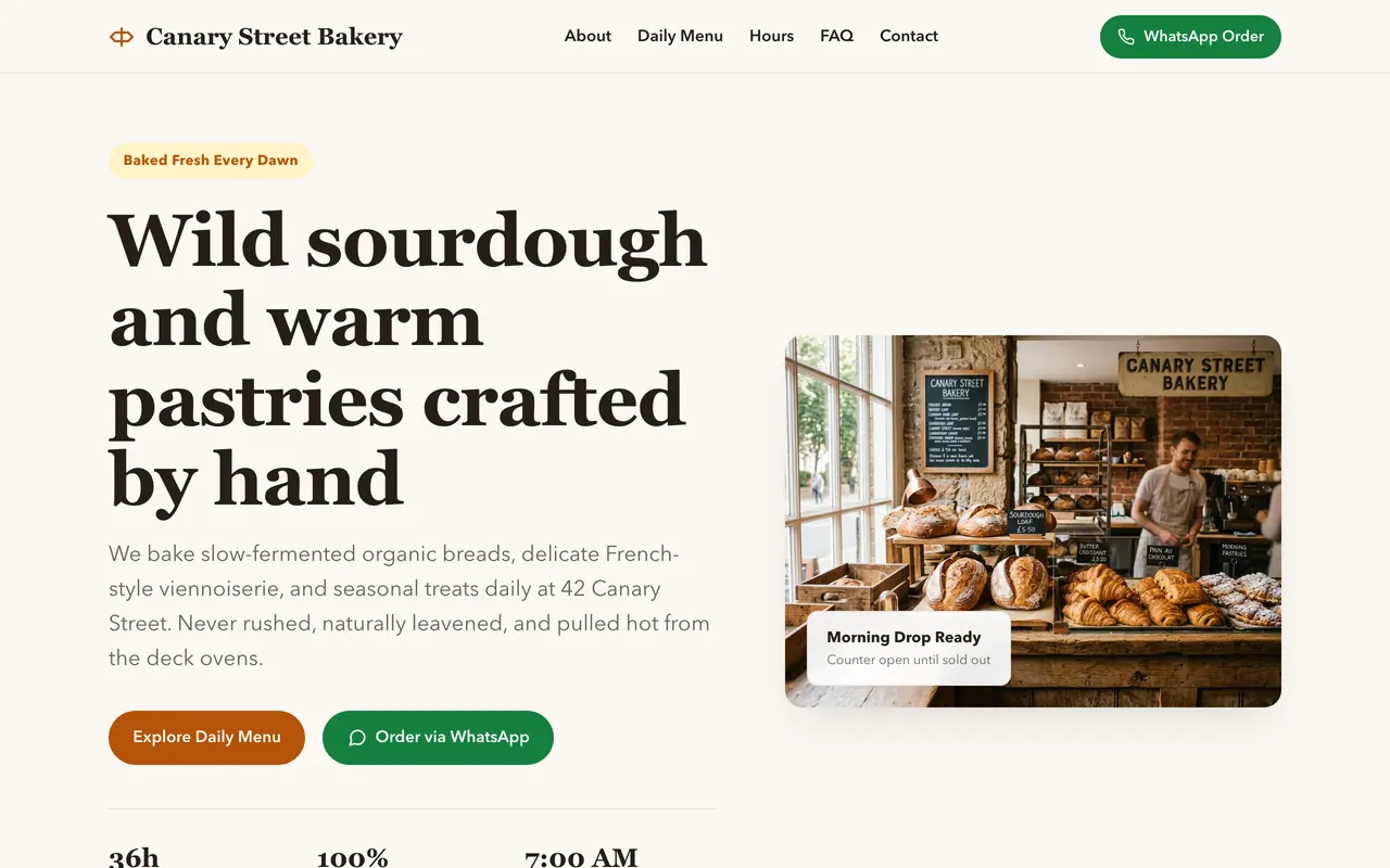Version 1 of the bakery site: the first draft's hero section