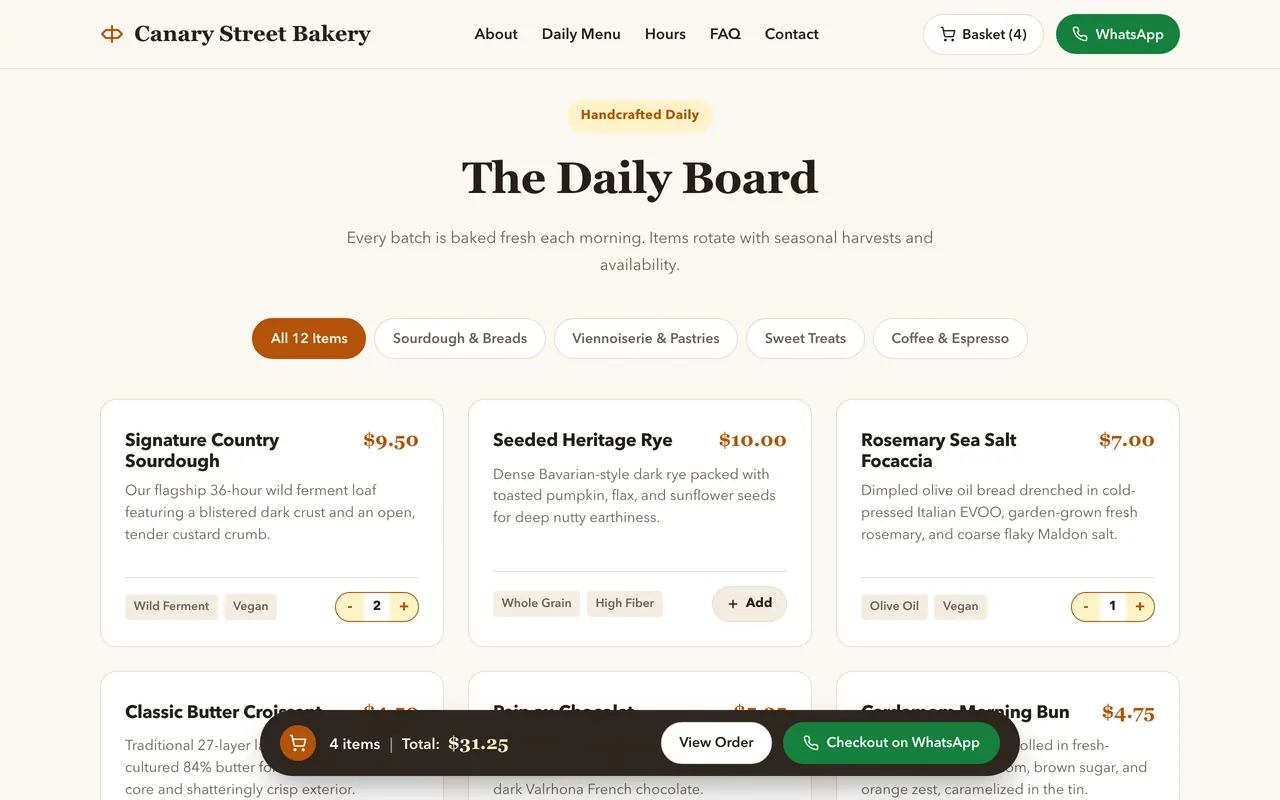 Version 2: the menu with items in the cart and a running total of $31.25