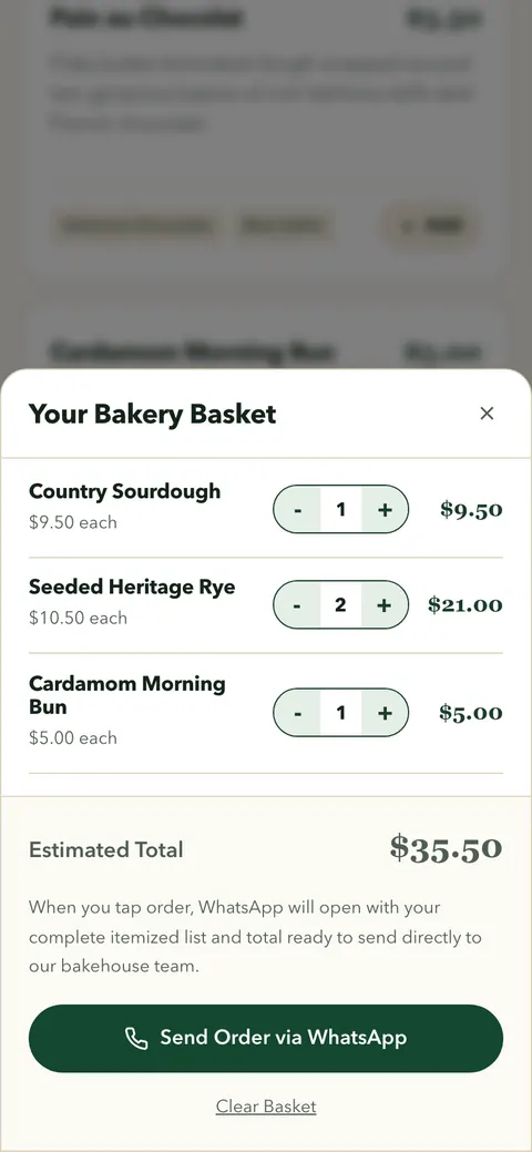 Version 8 on a phone: the basket with three items and a button that sends the order on WhatsApp