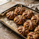 A tray of cinnamon knots dusted with cinnamon sugar