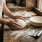 A baker's floured hands shaping a round of country bread dough